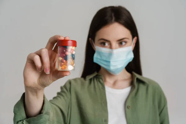 Young White Woman Long Brown Hair Wearing Protective Medical Mask — Stockfoto