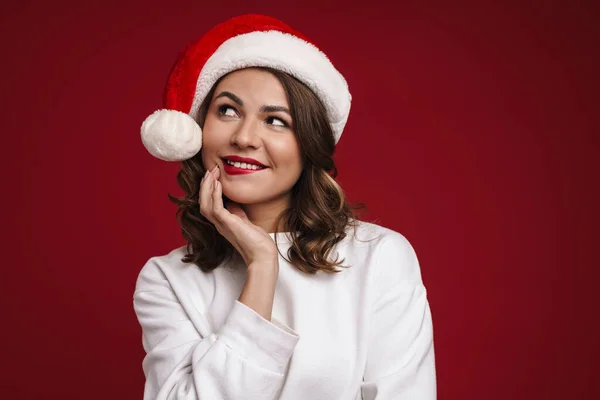 Foto Von Positiv Träumenden Junge Frau Weihnachtsmann Hut Isoliert Über — Stockfoto