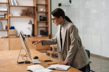 Ofiste masa başında dururken bilgisayar ve planlamacıyla çalışan çekici bir kadın.