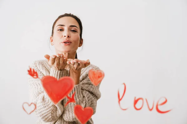 Beautiful Smiling Young Woman Love Drawing Hearts Front Her Isolated — Stock Photo, Image