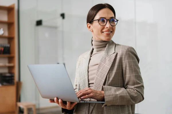 Smiling Charming Woman Eyeglasses Working Laptop Office — Stock Photo, Image