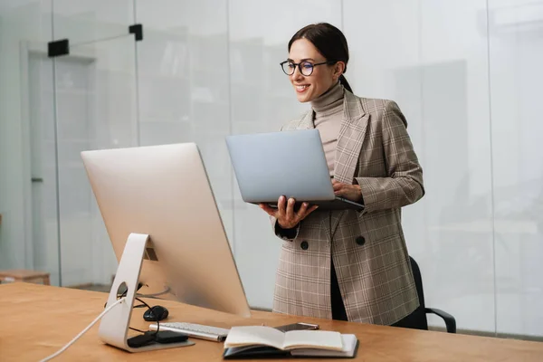Smiling Charming Woman Eyeglasses Working Computer Laptop Office — Stock Photo, Image