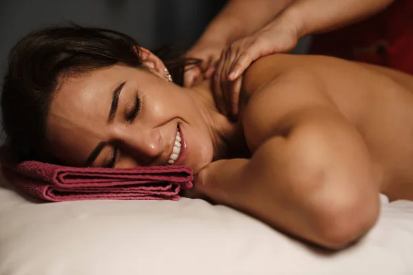 White Relaxed Shirtless Woman Smiling While Lying Massage Session Spa — Stock Photo, Image