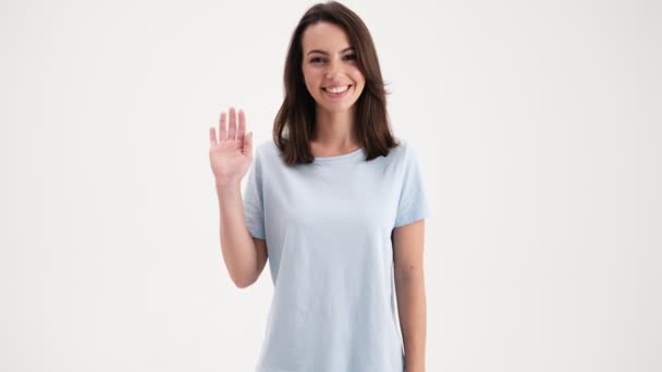 Smiling Woman Wearing Basic Shirt Doing Hello Gesture Camera Standing — Stock Video