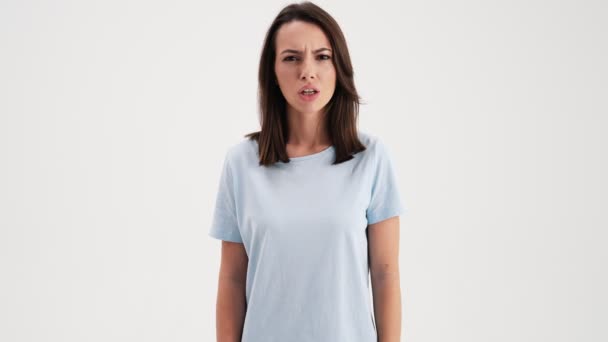 Displeased Angry Woman Wearing Basic Shirt Doing Negative Gesture Giving — Stock video