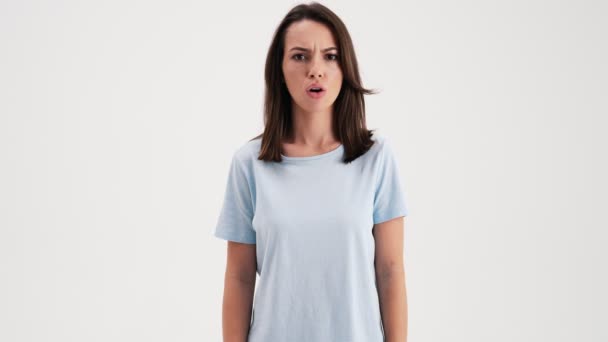 Confident Woman Wearing Basic Shirt Doing Stop Gesture Standing Studio — Stock Video