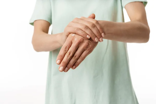 White Woman Using Sanitizer While Cleaning Her Hands Isolated White — Stock Photo, Image