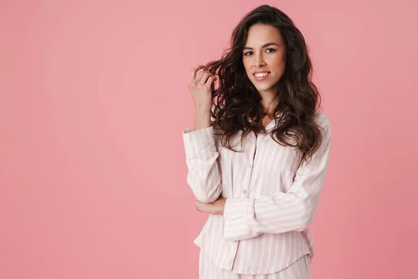 Happy Beautiful Woman Smiling Looking Camera Isolated Pink Background — Stock Photo, Image