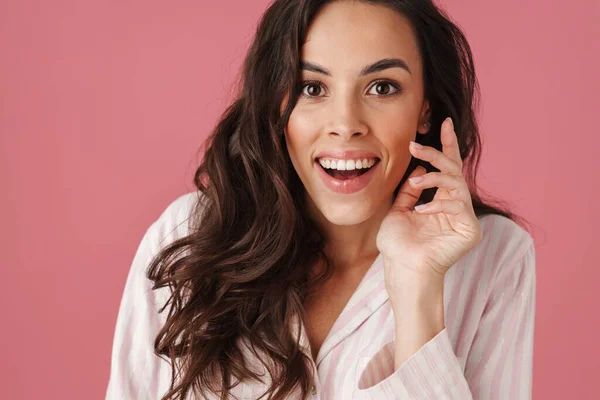 Delighted Beautiful Woman Expressing Surprise Camera Isolated Pink Background — Stock Photo, Image