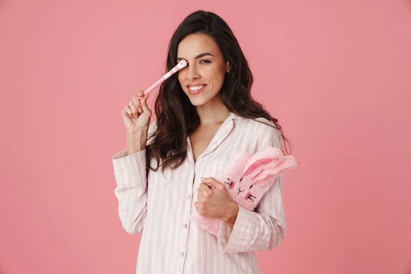 Glad Vacker Kvinna Pyjamas Poserar Med Penna Och Kanin Dagbok — Stockfoto