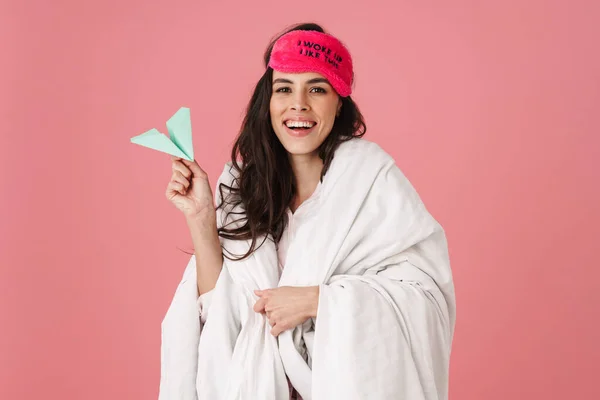 Happy Beautiful Woman Covered Blanket Posing Paper Airplane Isolated Pink — Stock Photo, Image