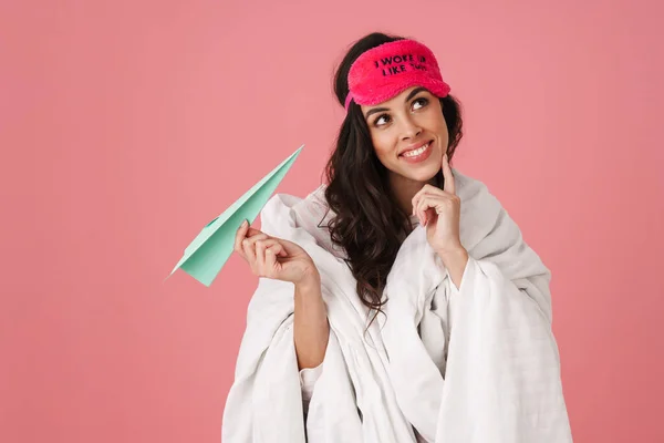 Happy Beautiful Woman Covered Blanket Posing Paper Airplane Isolated Pink — Stock Photo, Image