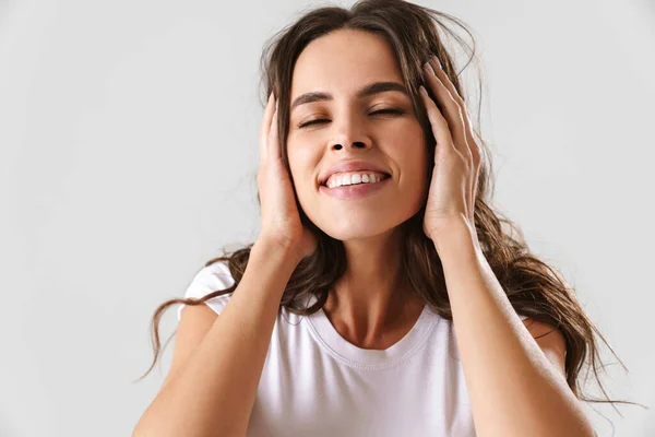 Happy Beautiful Girl Posing Smiling Camera Isolated White Background — Stock Photo, Image