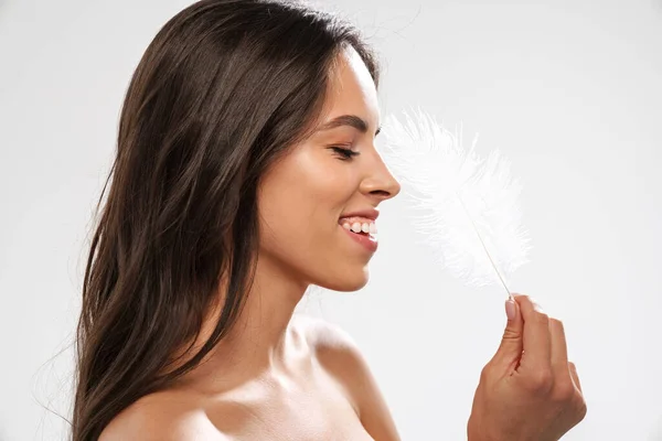 Beautiful Shirtless Joyful Girl Smiling While Posing Feather Isolated White — Stock Photo, Image