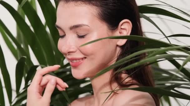 Shy Brunette Woman Posing Tropical Leaves While Standing White Background — Stock Video