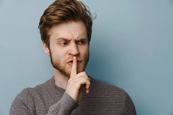 White Ginger Man Beard Showing Silence Gesture Camera Isolated Blue — Stock Photo, Image