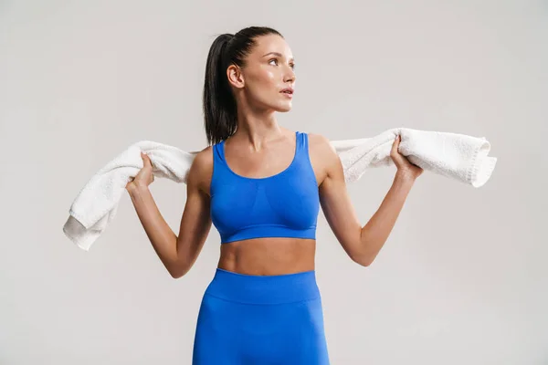 Young White Fitness Woman Sportswear Ponytail Standing White Wall Background — Stock Photo, Image