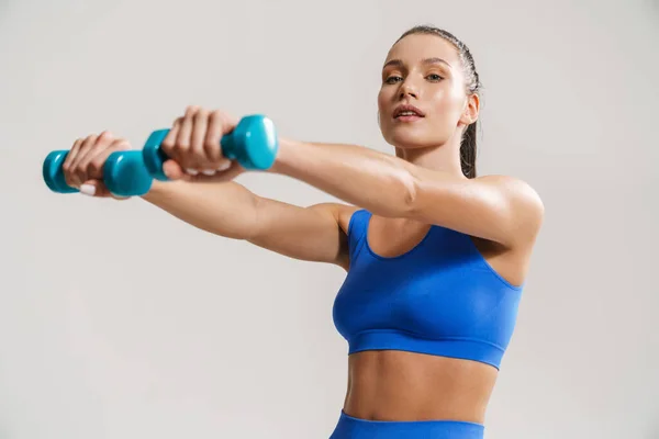 Junge Weiße Fitness Frau Sportbekleidung Mit Pferdeschwanz Steht Über Weißem — Stockfoto