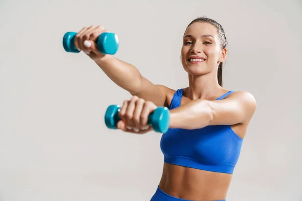 Junge Lächelnde Weiße Fitness Frau Sportbekleidung Mit Pferdeschwanz Steht Über — Stockfoto