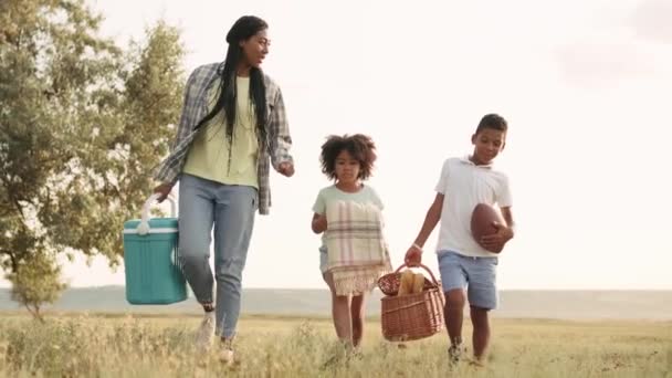 Uma Bela Família Vai Ter Piquenique Fora Enquanto Carrega Coisas — Vídeo de Stock