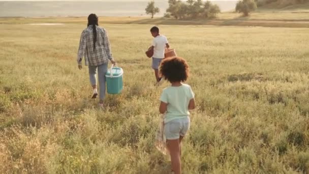 Eine Schöne Familie Wird Ein Picknick Machen Während Sie Dinge — Stockvideo