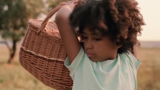 一个漂亮的非洲裔美国女孩在野外野餐时提着篮子 — 图库视频影像