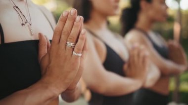 Çok uluslu bir kadın grubunun yaz aylarında dışarıda yoga çalışmalarını yakından izliyoruz.