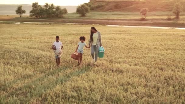 Lycklig Afro Amerikansk Familj Mor Och Hennes Barn Går Ett — Stockvideo