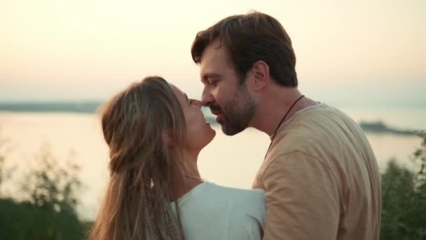 Lovely Couple Man Woman Kissing Looking Sunset Nature — Stock Video