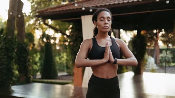 Uma Mulher Americana Africana Calma Fazendo Ioga Segurando Mãos Gesto — Vídeo de Stock