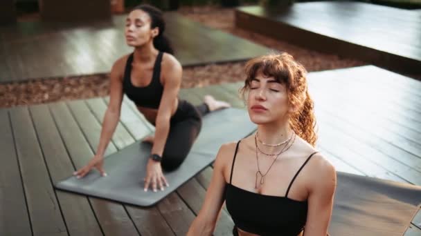 Multinacionais Mulheres Fazendo Meditação Sentado Tapete Ioga Fora — Vídeo de Stock