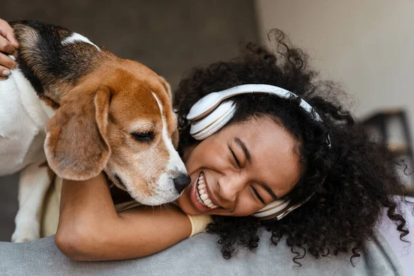 집에서 강아지와 평상복 차림으로 행복해 아프리카 여자가 헤드폰으로 웃으며 침대에서 — 스톡 사진