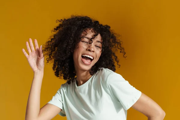 Young African Woman Laughing Making Fun Camera Isolated Brown Wall — Stock Photo, Image