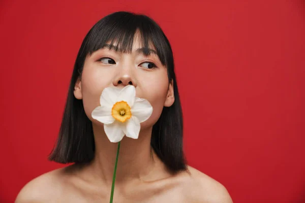 Asian shirtless woman looking aside while posing with narcissus isolated over red background