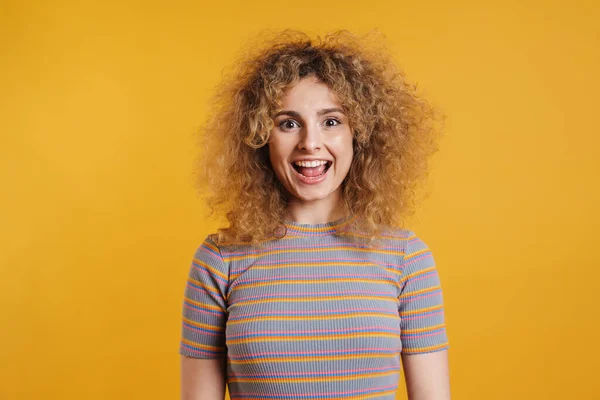 Happy Smiling Young Blonde Woman Fizzy Hair Casual Clothes Standing — Stock Photo, Image