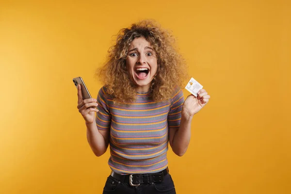 Happy Young Woman Holding Mobile Phone Credit Card Celebrating Success — Stock Photo, Image