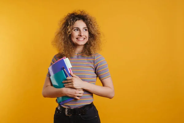 Gelukkig Jong Vrouw Student Met Rugzak Staande Houden Leerboeken Gele — Stockfoto