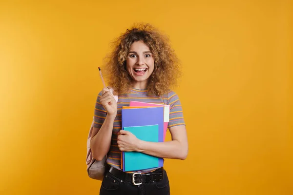 Gelukkig Jong Vrouw Student Met Rugzak Staande Houden Leerboeken Gele — Stockfoto