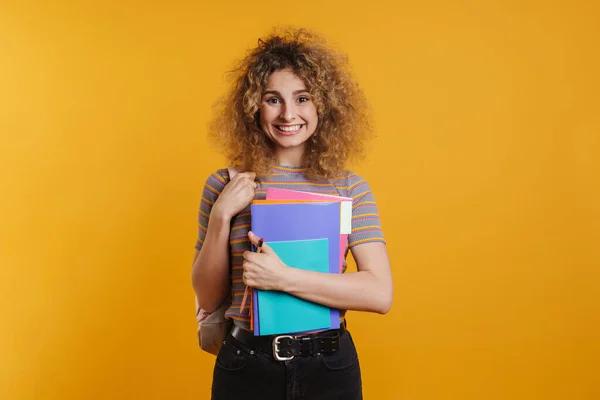 Gelukkig Jong Vrouw Student Met Rugzak Staande Houden Leerboeken Gele — Stockfoto