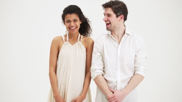 Pleased Couple Man Woman Laughing Camera Standing Isolated White Background — Stock Video