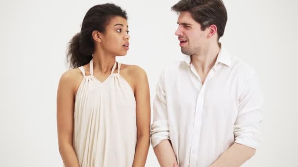 Confused Couple Shrugging Shoulders Standing Isolated White Background Studio — Stock Video