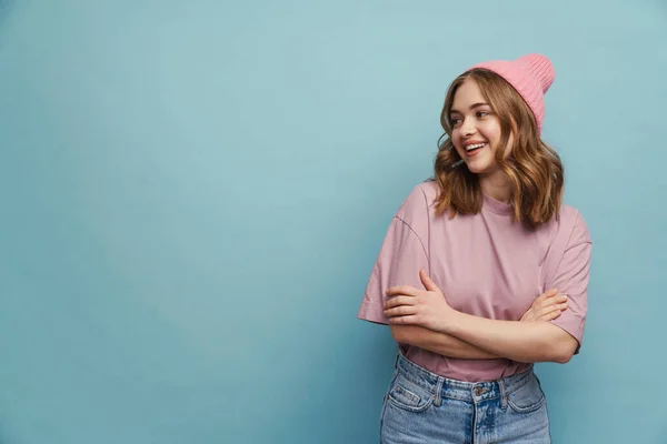 Joven Mujer Feliz Sonriendo Mirando Lado Copyspace Aislado Sobre Fondo —  Fotos de Stock