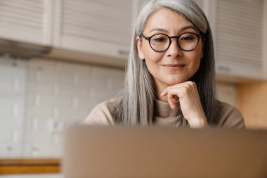 Evde mutfaktayken dizüstü bilgisayarla çalışan olgun gri kadın.