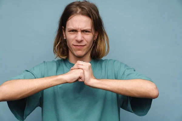Young White Man Wearing Shirt Frowning While Gesturing Camera Isolated — Stock Photo, Image