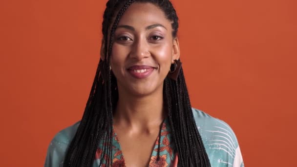 Close View Pleased African American Woman Smiling Standing Isolated Red — Stock Video