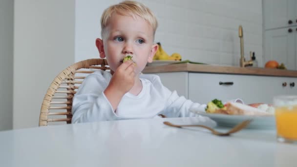 Ein Kleiner Junge Isst Brokkoli Zum Abendessen Und Sitzt Hause — Stockvideo