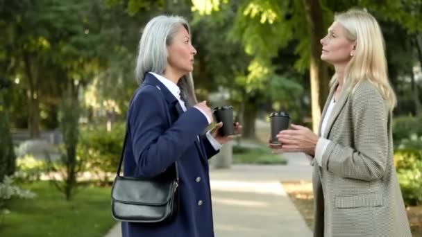 Dos Hermosas Empresarias Maduras Hablando Tomando Café Mientras Caminan Por — Vídeos de Stock