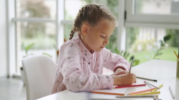 Small Girl Drawing Using Pencils Modern Art School — Stock Video