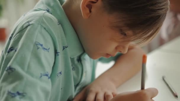 Close View Concentrated Boy Drawing Using Pencils Modern Art School — Stock Video