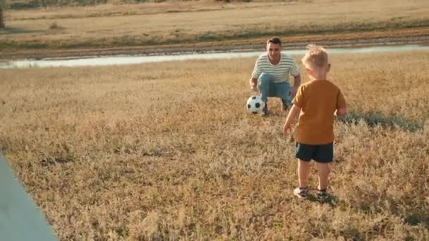 积极的父亲和儿子在大自然中踢足球 — 图库视频影像